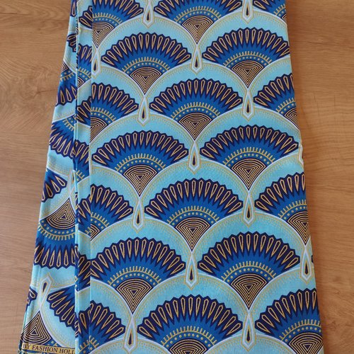 Tissu wax pailleté (par unités de 50 cm) - éventails bleus pailletés dorés - 100% coton - tissu africain - pagne