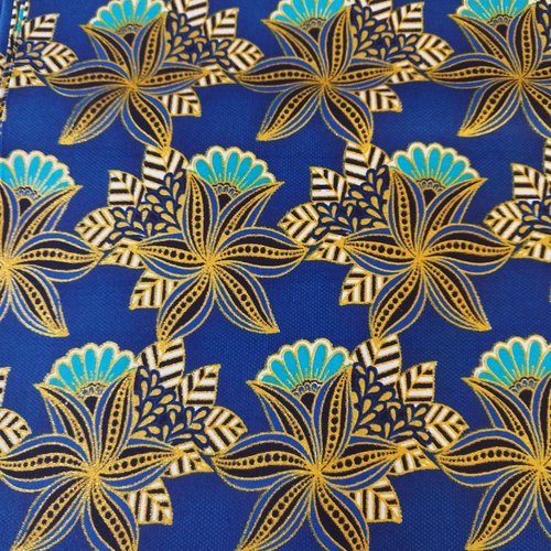 Tissu wax pailleté (par unités de 50 cm) - éventails bleus pailletés dorés - 100% coton - tissu africain - pagne