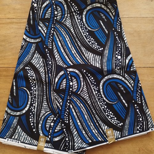 Tissu wax (par unités de 50 cm) - motifs gris, bleus, noirs - 100% coton - tissu africain