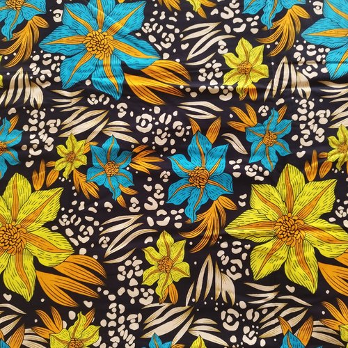 Tissu wax (par unités de 50 cm) - fleurs bleues, jaunes, oranges - 100% coton - tissu africain