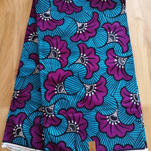 Tissu wax (par unités de 50 cm) - fleurs de mariage violettes fond bleu - 100% coton - tissu africain