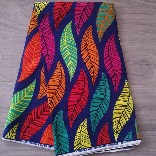 Tissu wax (par unités de 50 cm) - feuilles multicolores fond bleu - 100% coton - tissu africain