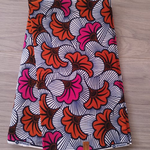 Tissu wax (par unités de 50 cm) - fleurs de mariage orange et roses - 100% coton - tissu africain