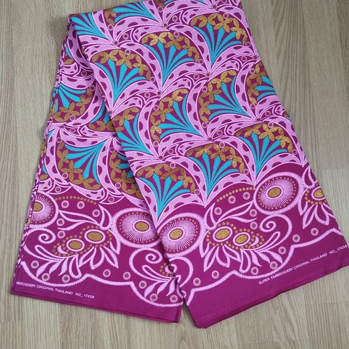 Tissu wax (par unités de 50 cm) - imprimé façon broderie, beige, bleu et rose - 100% coton - tissu africain