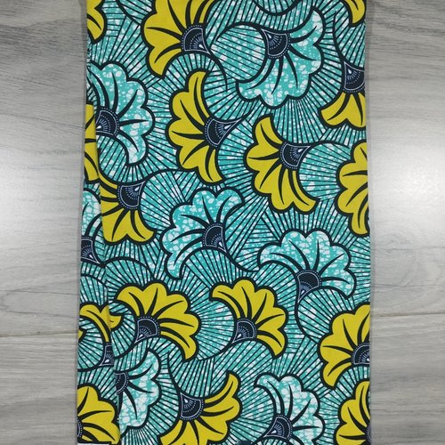 Tissu wax (par unités de 50 cm) - fleurs de mariage turquoises et jaunes - 100% coton - tissu africain