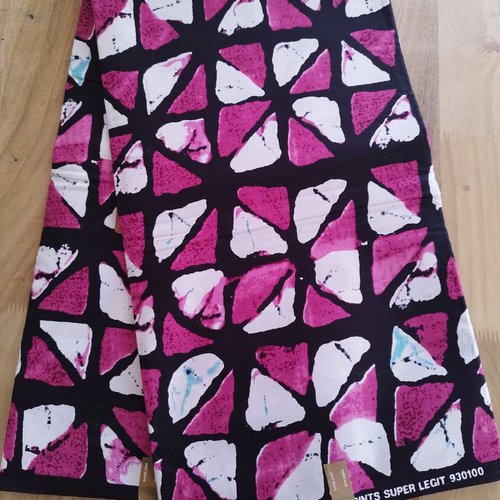 Tissu wax (par unités de 50 cm) - motif façon bogolan, rose, blanc, noir - 100% coton - tissu africain