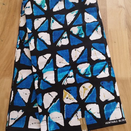 Tissu wax (par unités de 50 cm) - motif façon bogolan bleu, blanc, noir - 100% coton - tissu africain