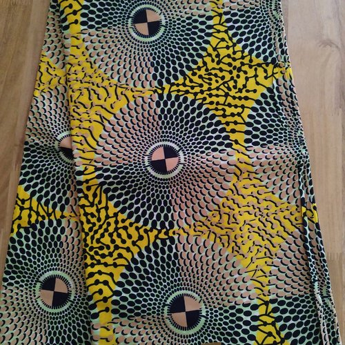 Tissu wax (par unités de 50 cm) - grands disques verts et beiges, fond jaune - 100% coton - tissu africain