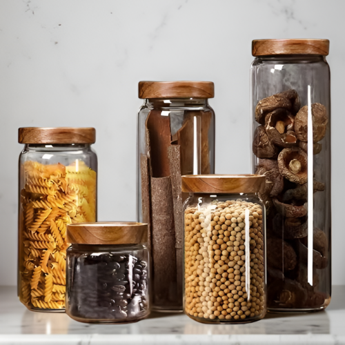 Bocaux de rangement en verre avec couvercle en bois naturel fait main, pour cuisine organisée, épices, pâtes et aliments secs