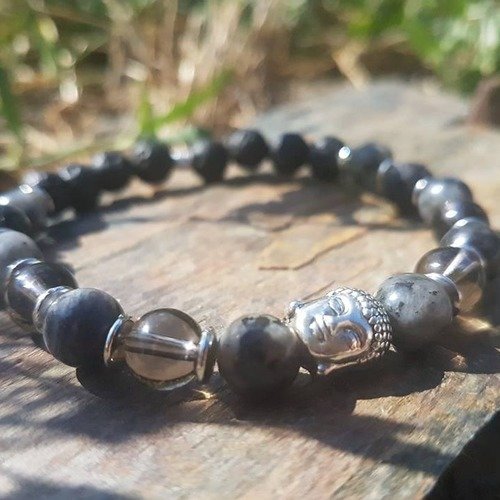 Bracelet homme en pierres naturelles larvikite, quartz fumé, pierres de lave et perle de bouddha