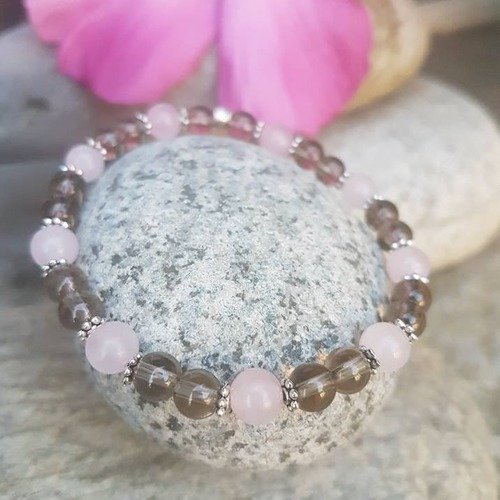 Bracelet en pierres naturelles quartz fumé et quartz rose