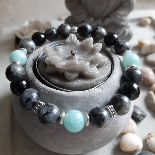 Bracelet en amazonite, tourmaline noire et larvikite