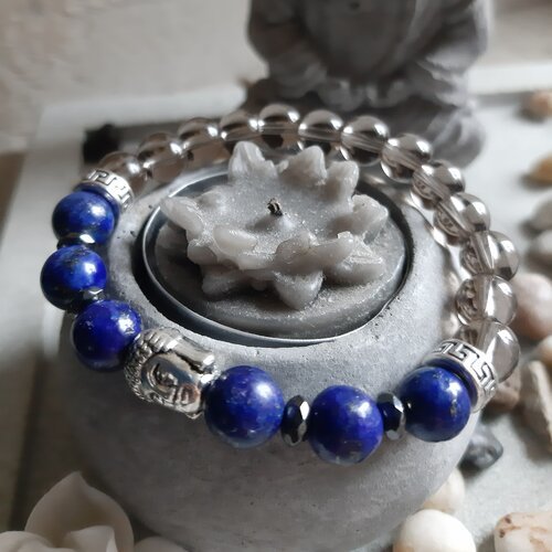 Bracelet en lapis lazuli, quartz fumé et hématite