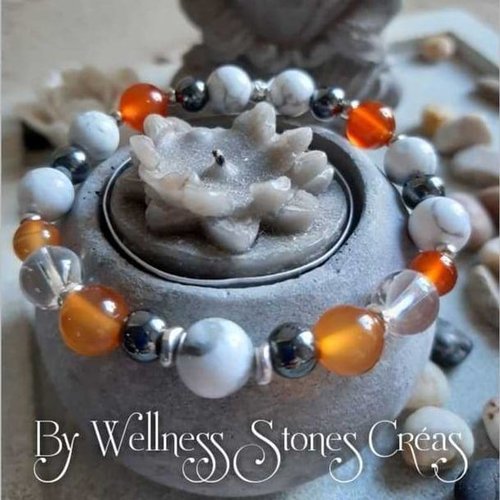 Bracelet en howlite, cornaline, cristal de roche et hématite