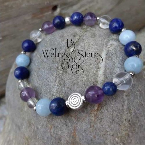Bracelet pour soulager les maux de tête et sinusite en lapis lazuli, aigue marine, améthyste et cristal de roche