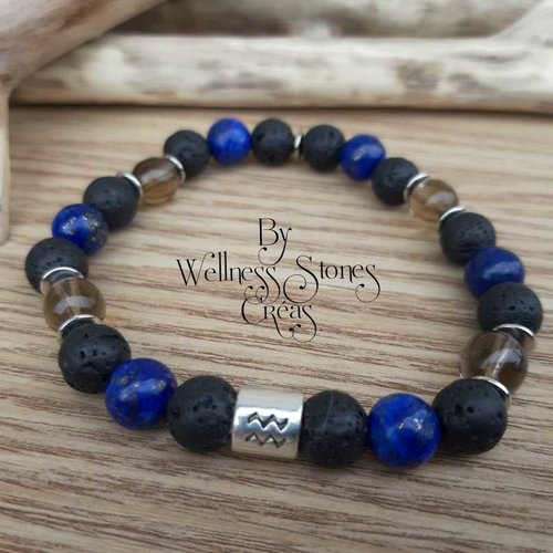 Bracelet homme en pierre de lave, lapis lazuli, quartz fumé et sa perle en métal astro