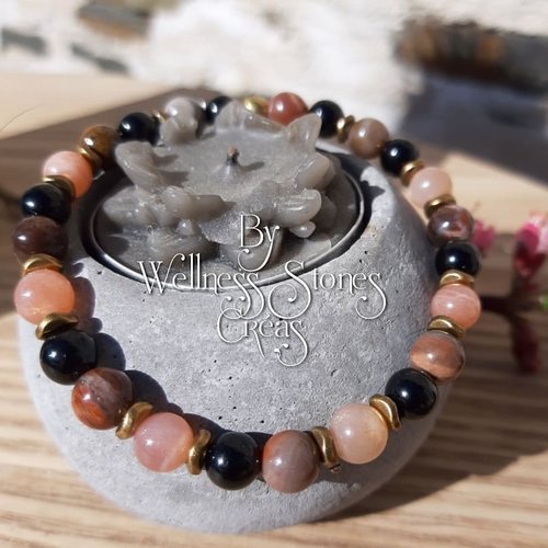 Bracelet en pierres naturelles bois pétrifié, onyx, pierre de soleil