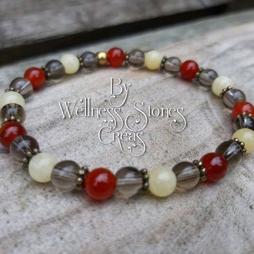 Bracelet en perles naturelles calcite, cornaline et quartz fumé