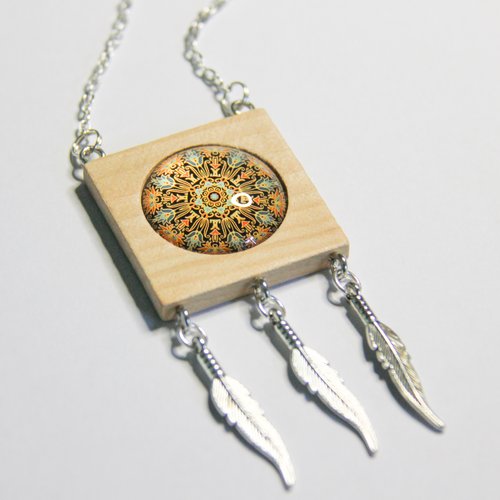 Collier argenté pendentif bois et mandala