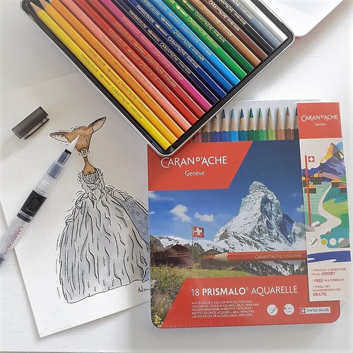 Boîte métal caran d'ache 18 crayons de couleur aquarelle + pinceau réservoir