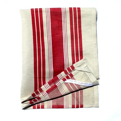 Torchon 100% lin rayures chevrons rouges-beige