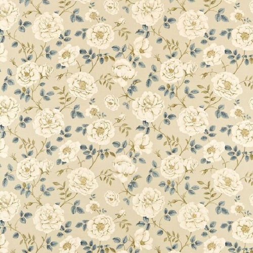 Tissu lin fleurs anglaises, style vintage, beige et bleu