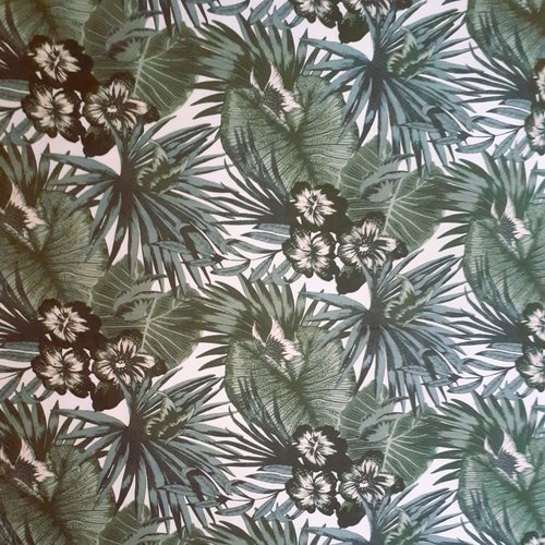 Tissu exotique, tropical, feuillage et fleurs tiare, vert et blanc