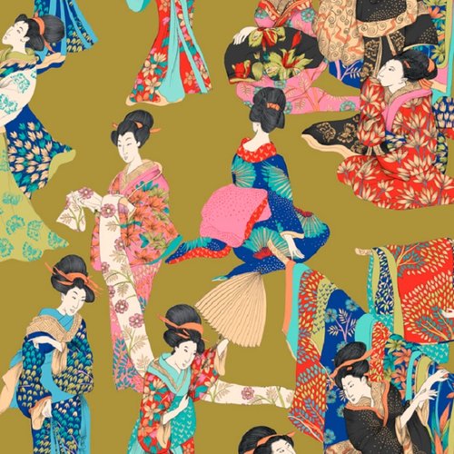 Tissu, japonaises, geishas, kimono, oracle, étoffe fond or