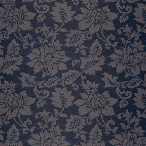 Tissu damas soie, lin, fleurs bleu de prusse et gris