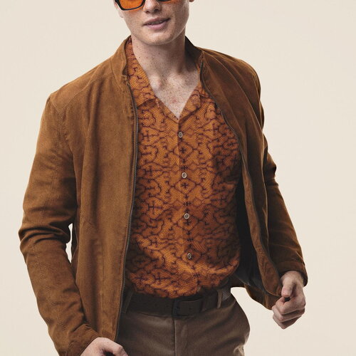 Chemise pour homme, imprimé tribal shipibo orange, t-shirt géométrique boutonné à motif ethnique amérindien, haut aloha, boutonné pour les vacances décontracté