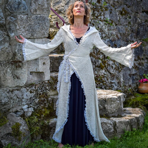 Pansement long celtique, costume médiéval de déesse fée elfique, cape longue blanche à capuche wicca, vêtements de festival bohème