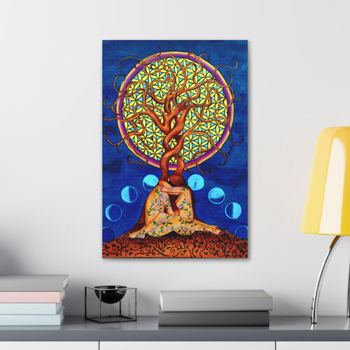 Art mural cosmique coloré simple | décoration murale artistique arbre de vie | fleur de vie minimaliste | art mural motif bleu