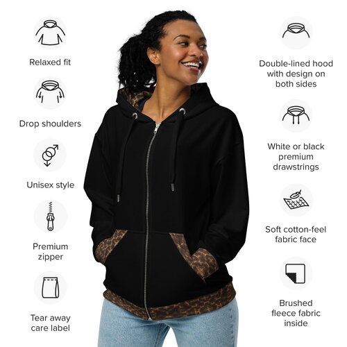 Sweat à capuche unisexe noir et marron d'inspiration shipibo - conception traditionnelle péruvienne fabriquée à la main