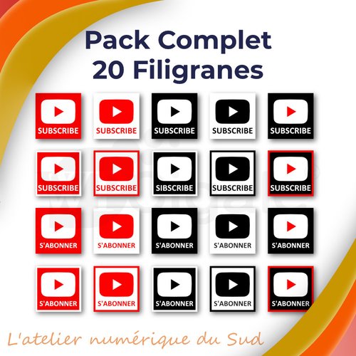 Pack complet de 20 filigranes (watermark) subscribe et s'abonner pour youtube  - rouge/blanc/noir  - avec et sans contours