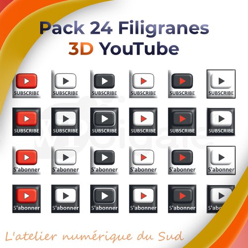 Pack de 24 filigranes 3d (watermark) subscribe et s'abonner pour youtube  -