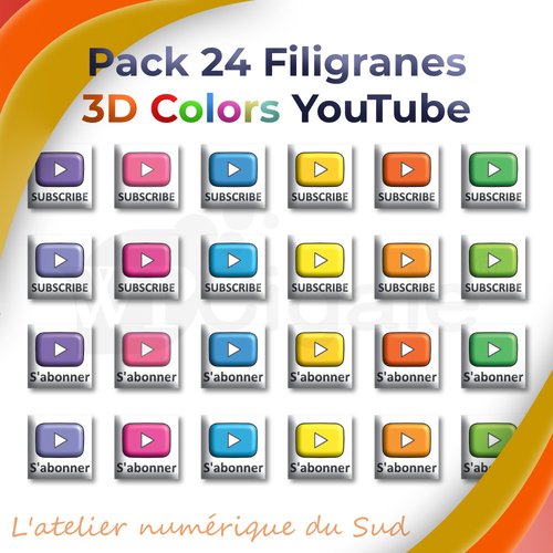 Pack de 24 filigranes 3d colors (watermark) subscribe et s'abonner pour youtube