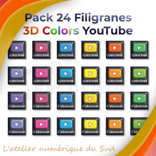 Pack de 24 filigranes 3d colors (watermark) subscribe et s'abonner pour youtube