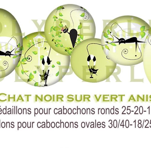 Collages Digitales Cabochons Ronds Et Ovales Chat Sur Fond Vert Anis Un Grand Marche