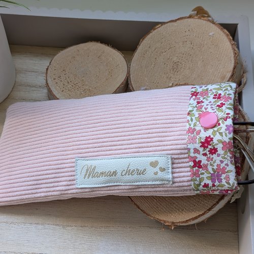Etui lunettes velours cotelé rose et liberty, pochette stylos fait main, cadeau fete des mères, maman chérie, trousse lunettes originale