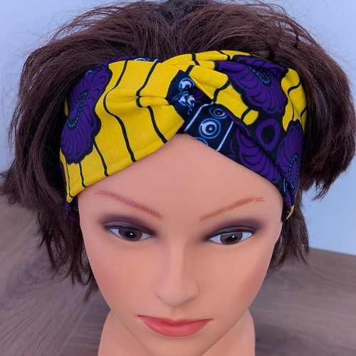 ​headband en wax jaune et violet, bandeau cheveux turban croisé bicolore fait main