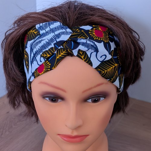 Headband en wax floral bleu marine et blanc, bandeau cheveux turban croisé motifs fleurs fait main