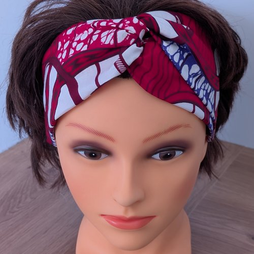 Headband en wax rouge framboise et bordeaux, bandeau cheveux turban croisé graphique fait main