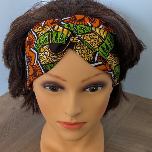 Headband en wax orange et vert, bandeau cheveux turban croisé motifs fleurs rosaces fait main