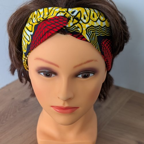 Headband en wax jaune et rouge orangé, bandeau cheveux turban croisé motifs géométriques fait main