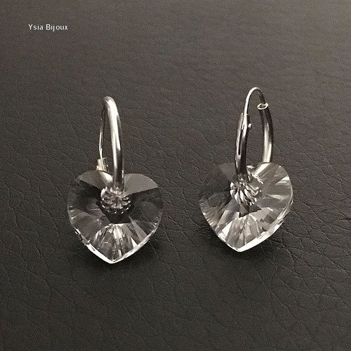 Boucles d'oreilles créoles en argent 925/000 pendants petits coeurs en cristal swarovski