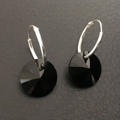 Boucles d'oreilles créoles en argent 925/000 pendants disques cristal noir