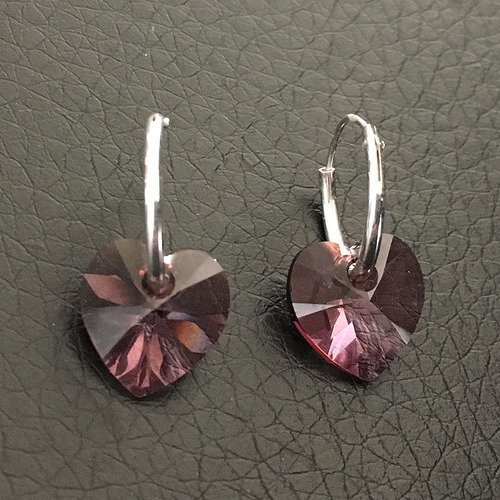 Boucles d'oreilles créoles en argent 925/000 pendants petits coeurs cristal rose antique