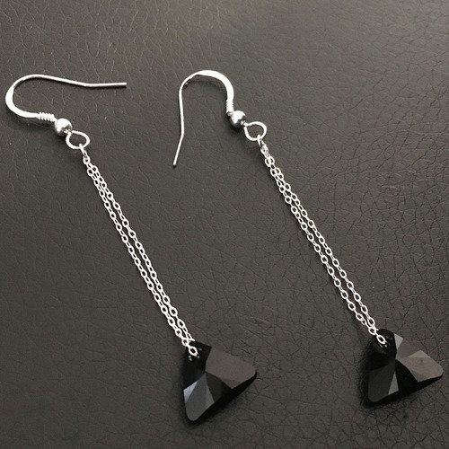 Boucles d'oreilles argent 925 crochets pendants chainettes triangles cristal noir swarovski