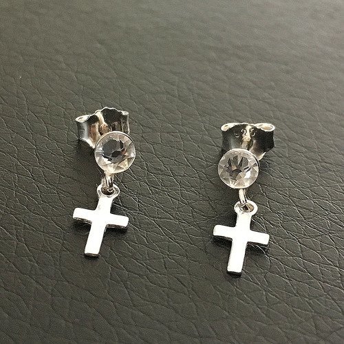 Boucles d'oreilles argent 925/000 clous puces cristal swarovski pendants petites croix 