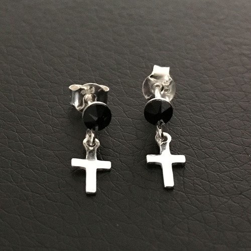 Boucles d'oreilles argent 925/000 clous puces cristal noir swarovski pendants petites croix 